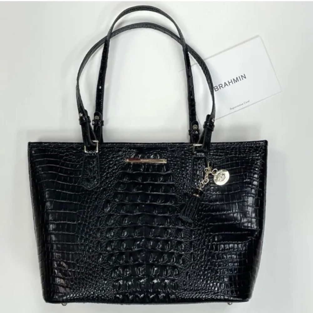 Brahmin Black Leather Animal Print Tote Handbag